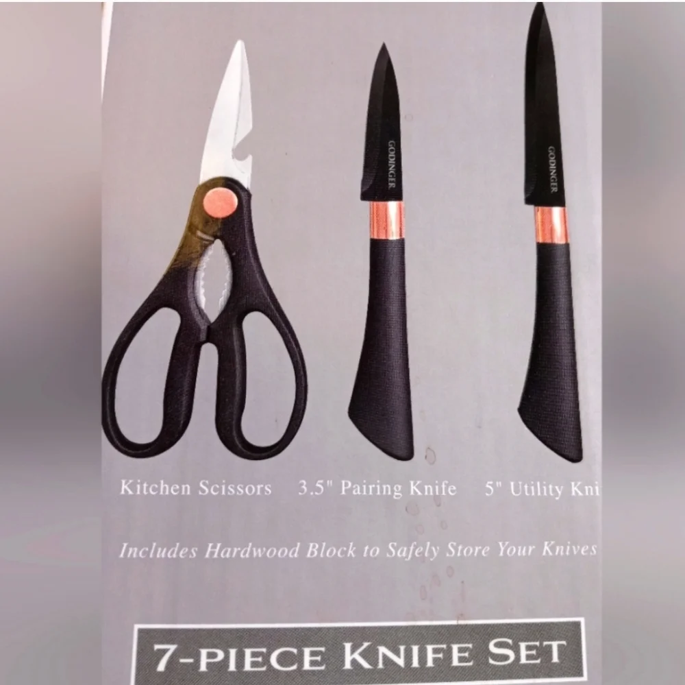 GODINGER 7 Pcs Knife Set Block & Scissors Black & Rose Gold